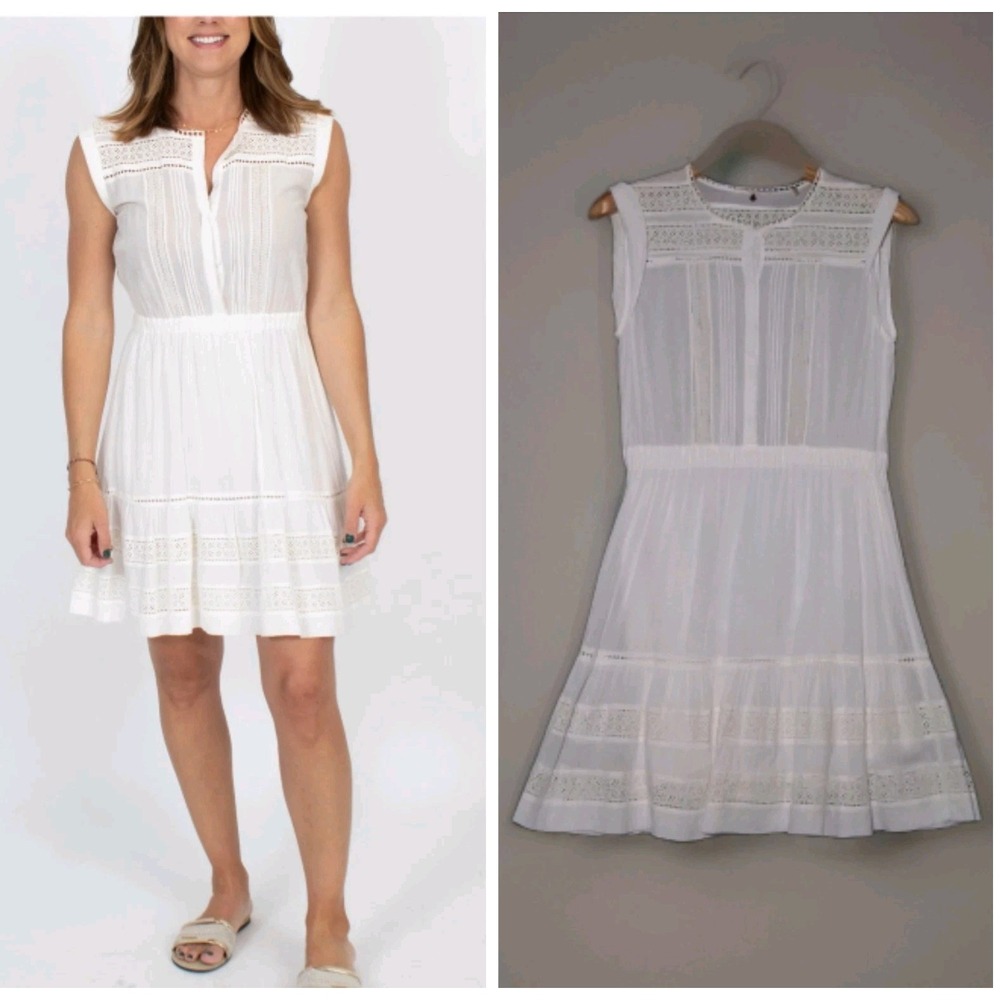 Rebecca Taylor White Eyelet Dress Size 8 Cinched Waist Boho Chic Cottagecore